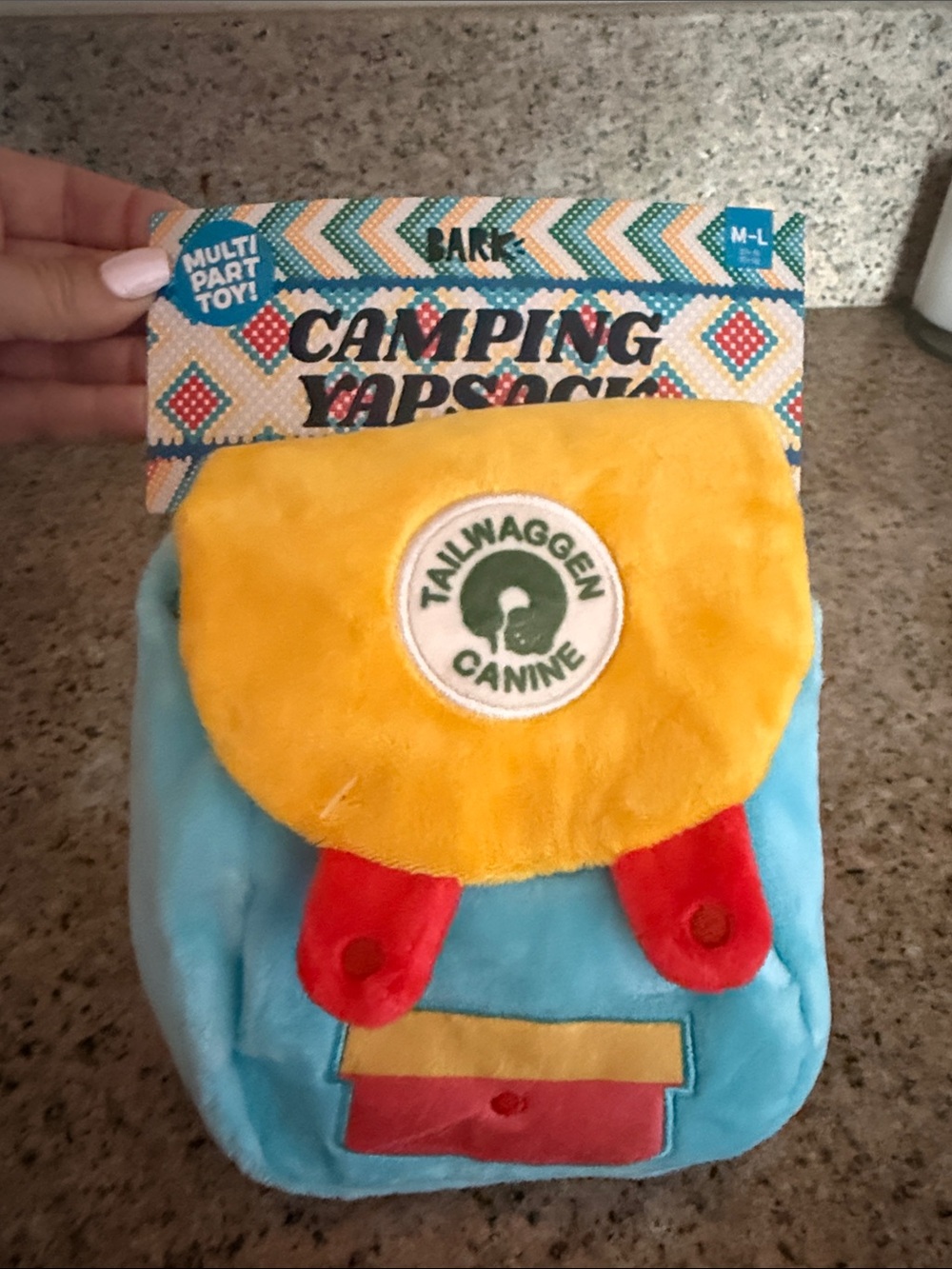 Bark Yellow, Light Blue & Red Plush Camping Backpack Dog Toy